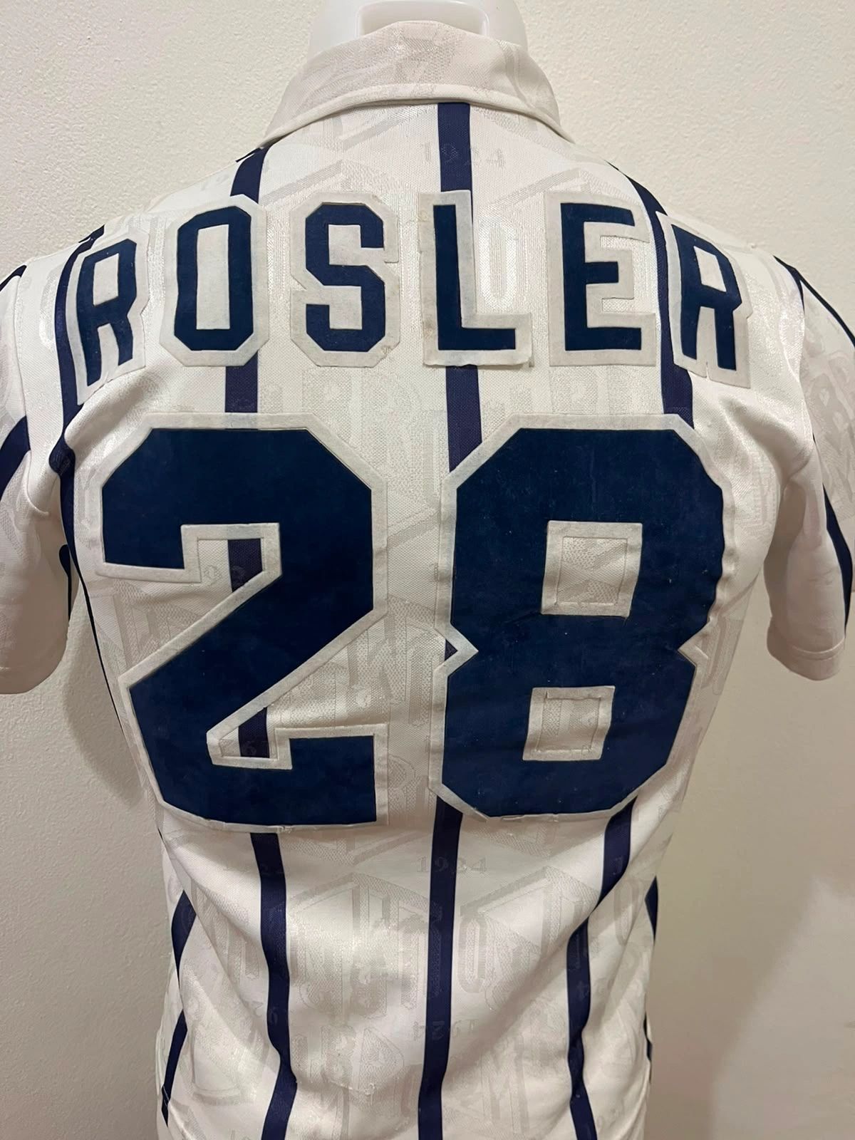 Back of a white and navy striped sports jersey with name Rosler and number 28.