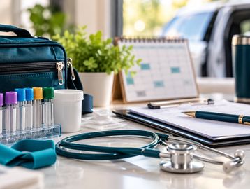 Medical tools and documents on a desk.