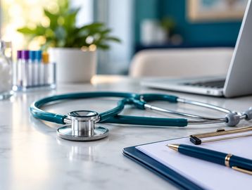 Stethoscope and medical clipboard on desk with laptop.