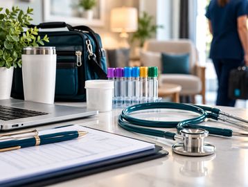 Medical tools and documents on a doctor's desk.