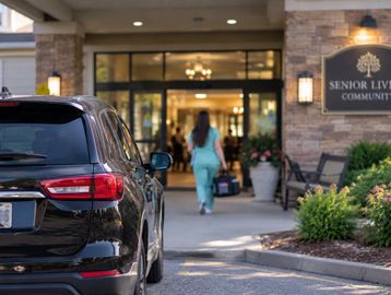 A car parked outside a senior living community entrance.