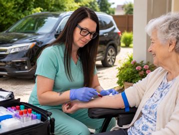 Nurse drawing blood from elderly woman.