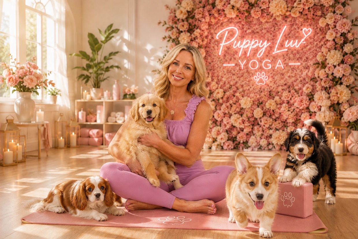 Woman practicing yoga with puppies in a floral studio.