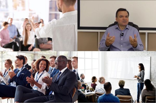 Four images showing people engaged in presentations and meetings.