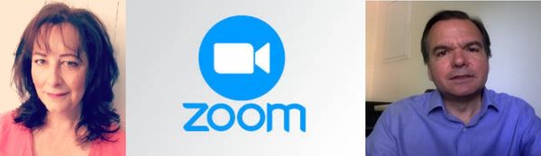 Two people in a Zoom video call with Zoom logo in the center.