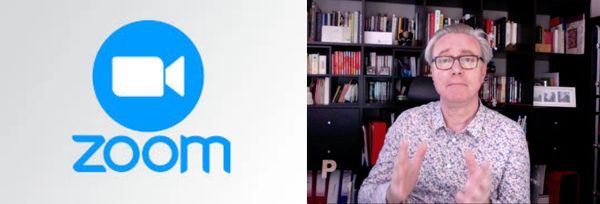 Zoom logo next to a man speaking in a home office with bookshelves.