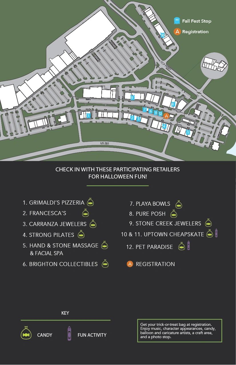 Map showing Halloween fall fest stop locations and participating retailers with candy and fun activities.
