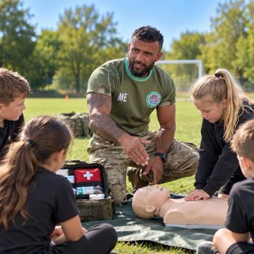 Military instructor teaches kids CPR outdoors.