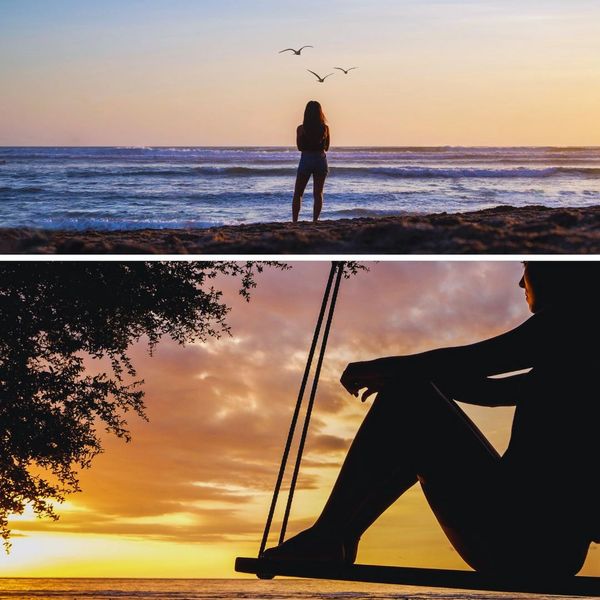 Two paneled photo of silhouettes of women on beaches during sunrise or sunset. 