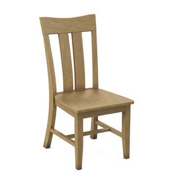 Wooden dining chair with a slatted back.