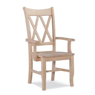 Wooden chair with armrests and cross-back design.