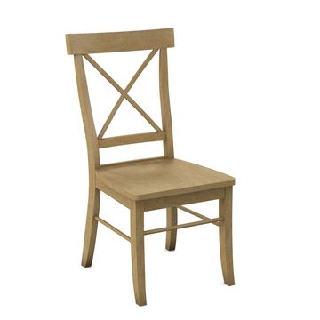 Wooden dining chair with cross back design.