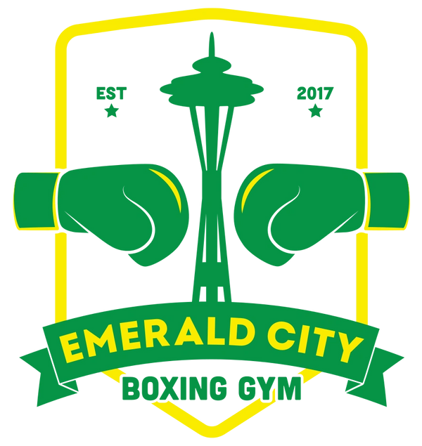 emerald city boxing gym logo includes a seattle icon and two boxing gloves