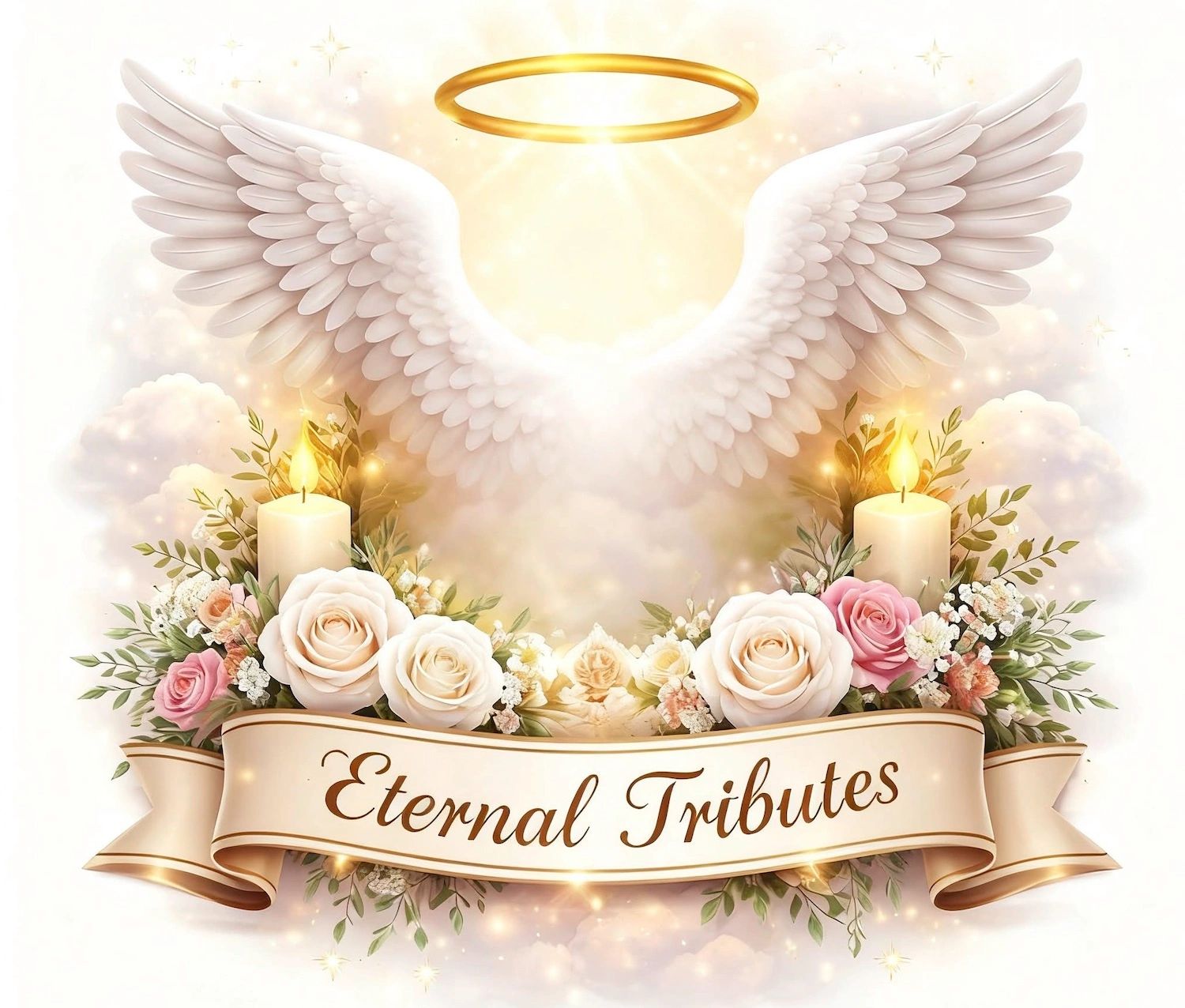 Angel wings with halo and candles above floral tribute.
