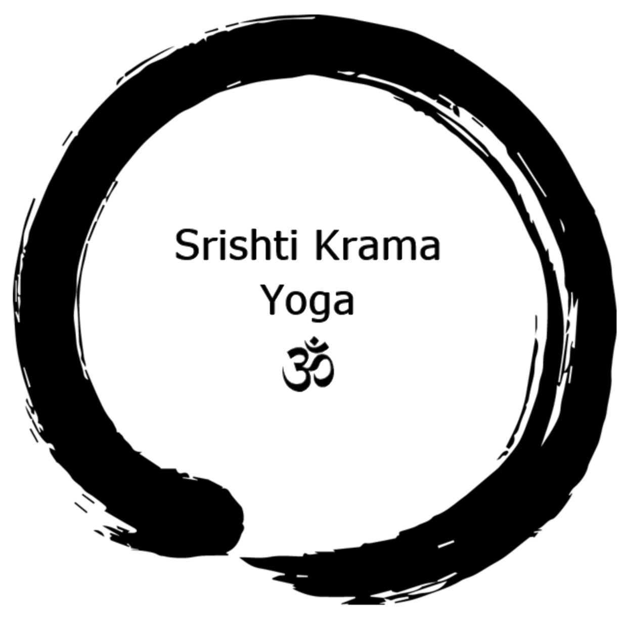 Logo of Srishti Krama Yoga with a black circular brushstroke and Om symbol.