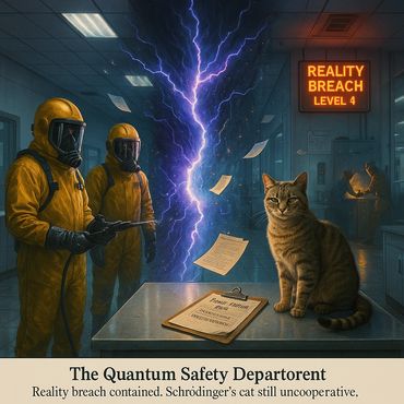 Quantum officers contain a rift while Schrödinger’s cat supervises. Paperwork pending.
