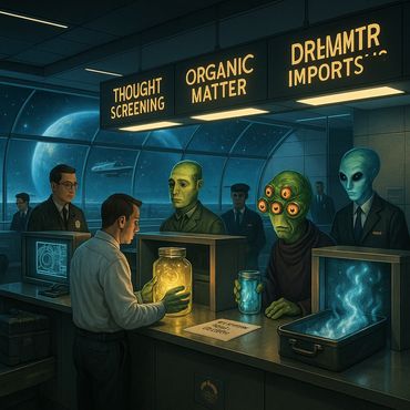 Inspectors debate tariffs on bottled minds. Galactic bureaucracy meets black-market biology.