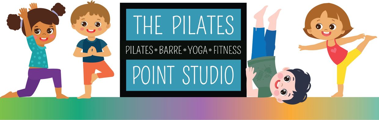 Kids practicing Pilates and yoga poses around a studio sign.
