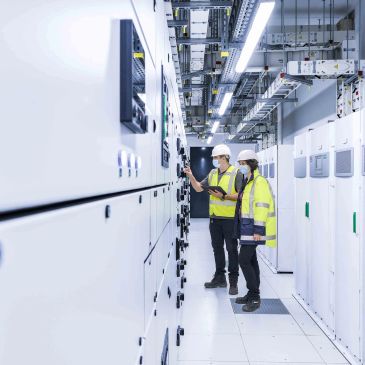 Two workers in safety gear inspecting control panels in a data center.