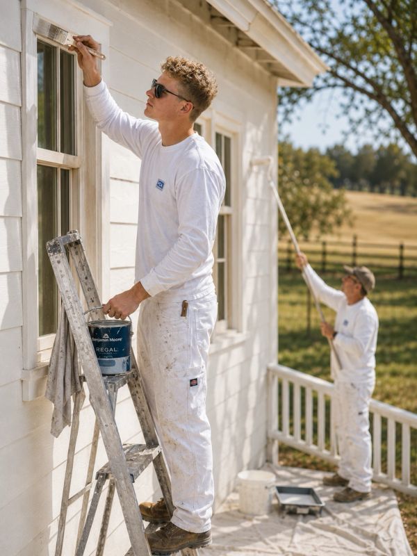 Two men painting a white house exterior on a sunny day.