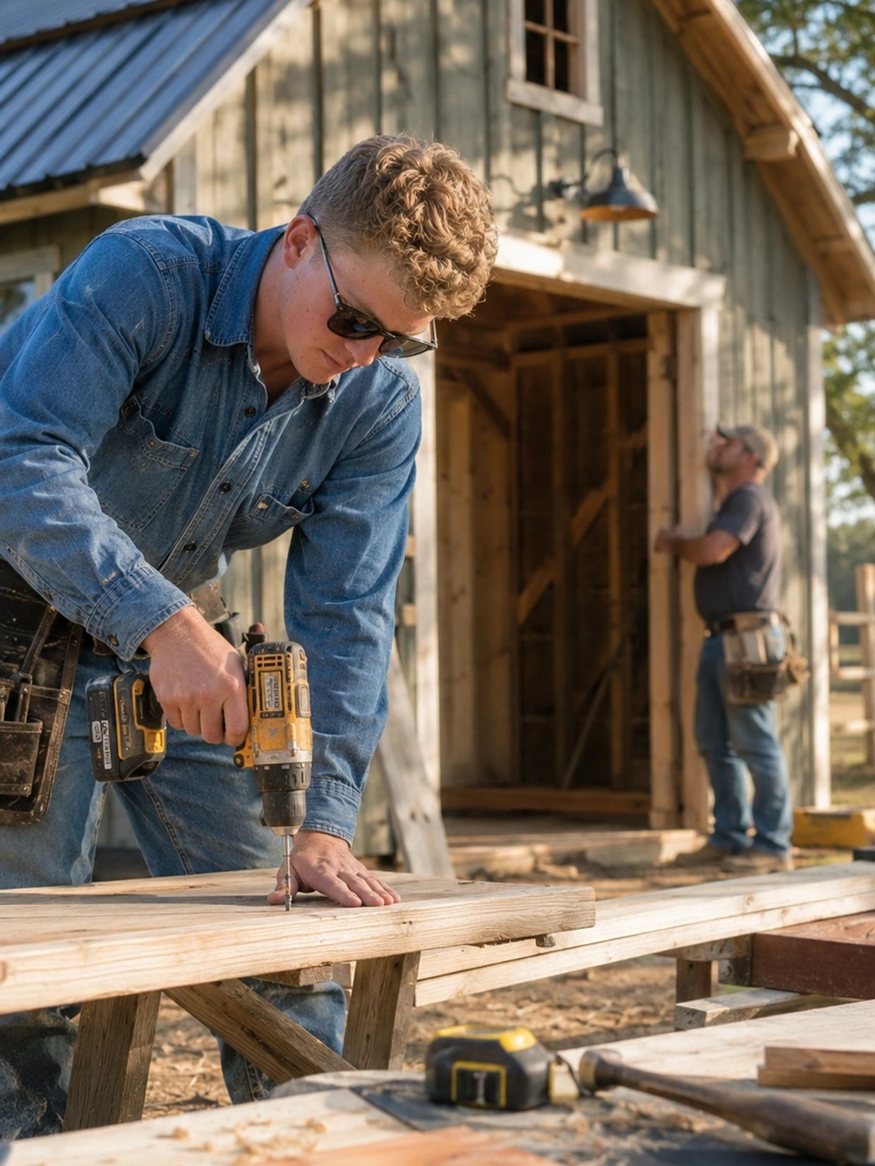 Two men working on wooden construction outdoors, one using a power drill.