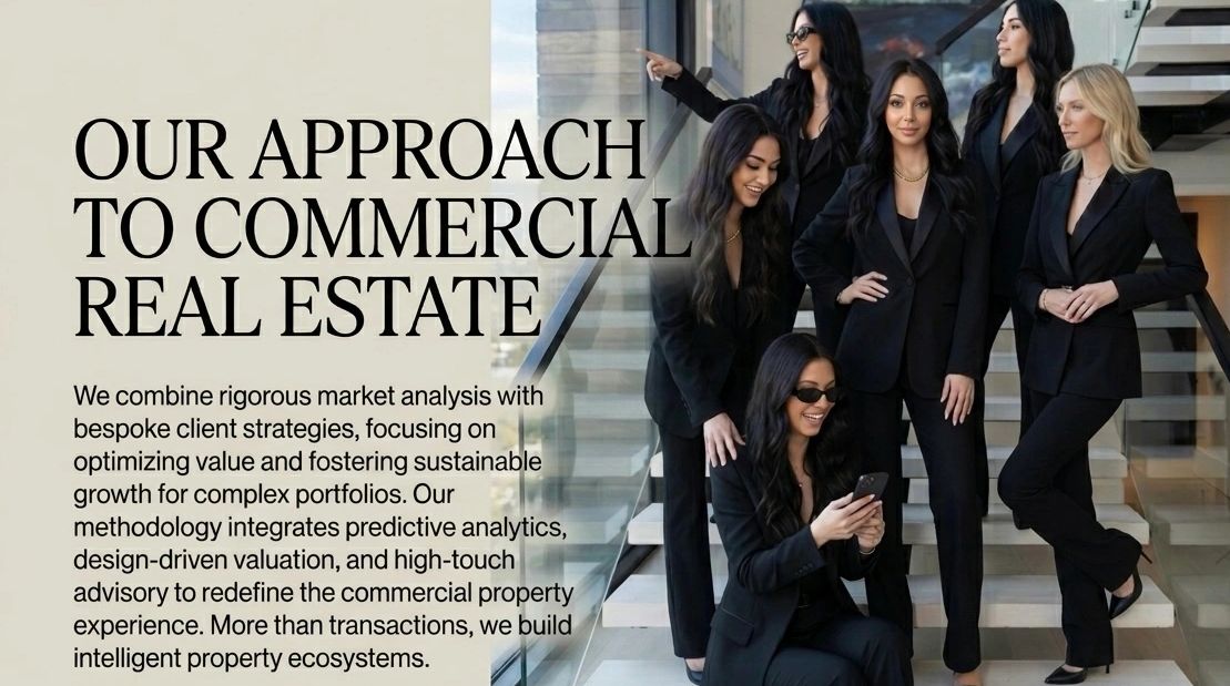 A group of professional women in black suits promoting commercial real estate services.