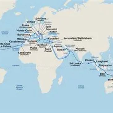 Map showing a travel route across Europe, the Middle East, and Asia.