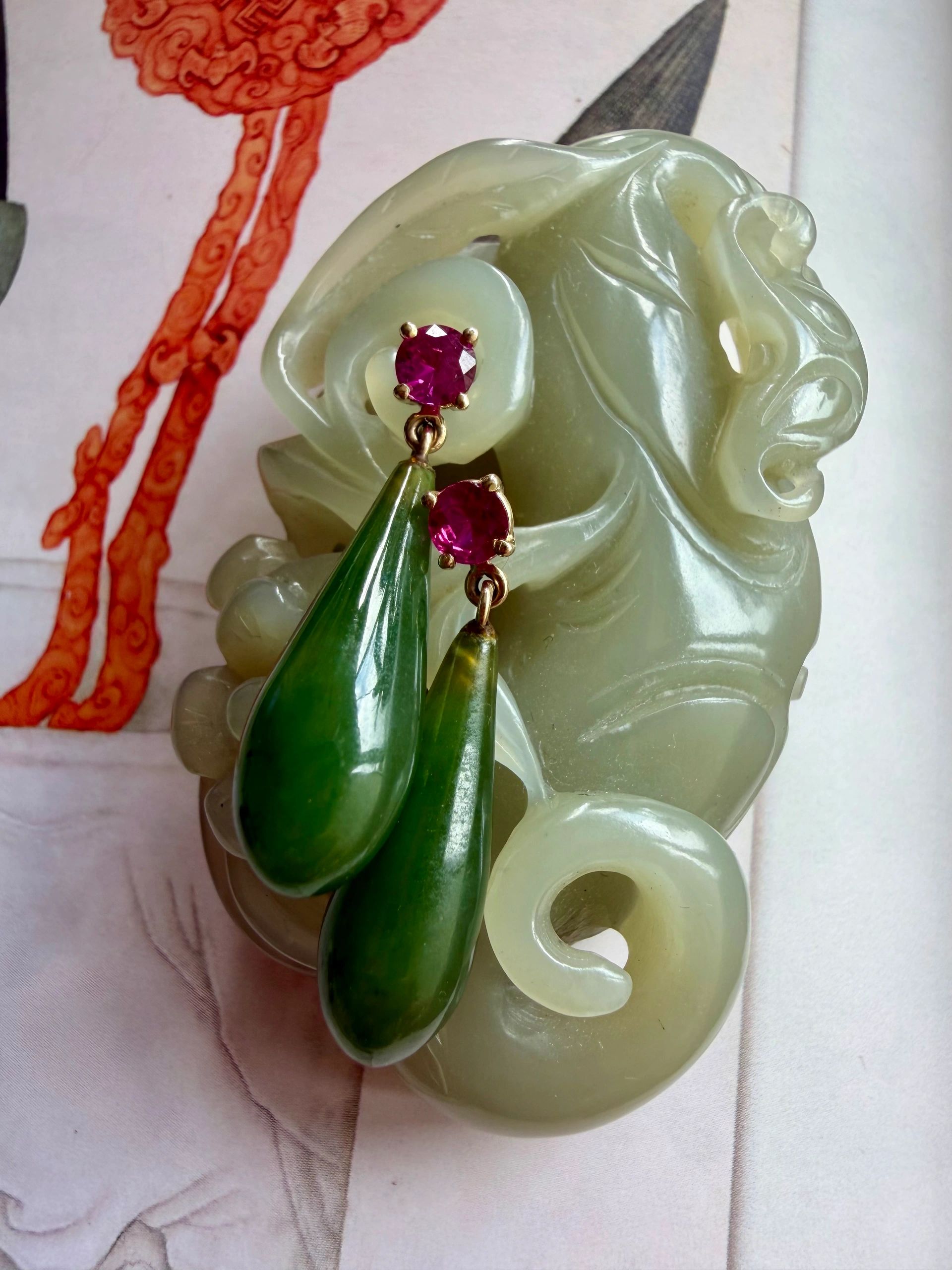 Ruby Nephrite Panel Estate Ruby and Nephrite 14k Gold Drop Earrings