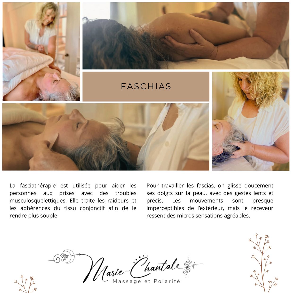 Composition graphique sur les fascias avec des images de massage et des fleurs