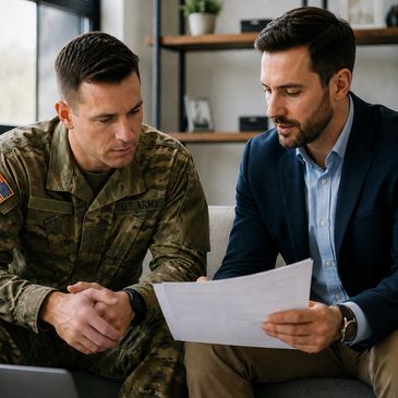Soldier and civilian discussing documents together.