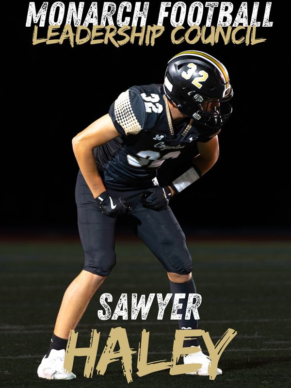 Football player Sawyer Haley in Monarch Football Leadership Council gear.