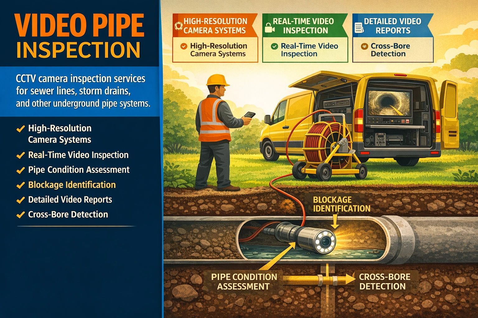 Technician reviewing video pipe inspection monitor