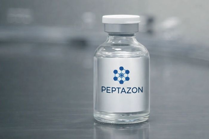 A vial labeled PEPTAZON on a reflective surface in a clinical setting.