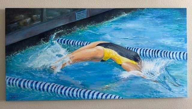 Painting of a swimmer diving into a pool between lane dividers.