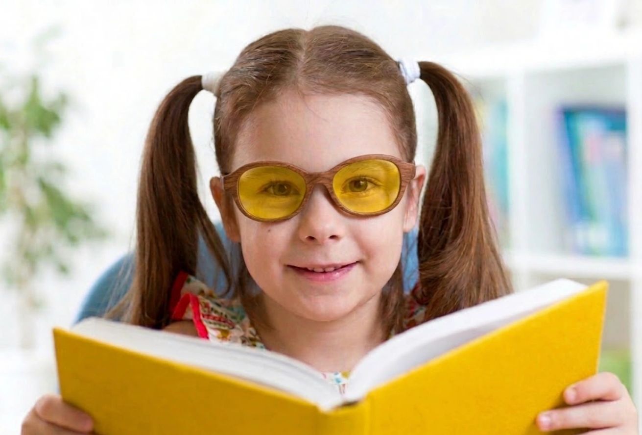 Young girl with pigtails wearing yellow glasses reading a yellow book.