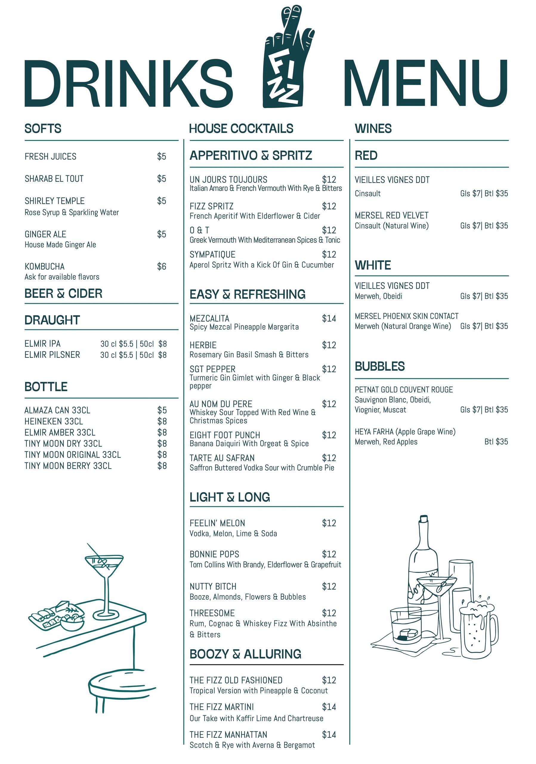 Drinks menu with cocktails, wines, beer, and soft drinks.
