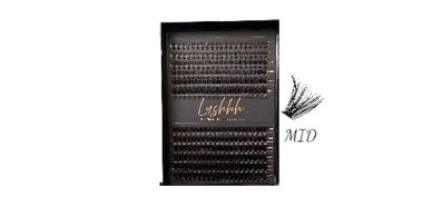 A tray of mid-length eyelash extensions labeled "MID" on the side.