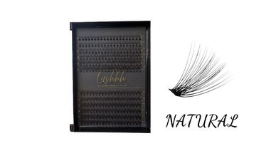 Tray of natural eyelash extensions with a close-up of a single natural lash cluster.