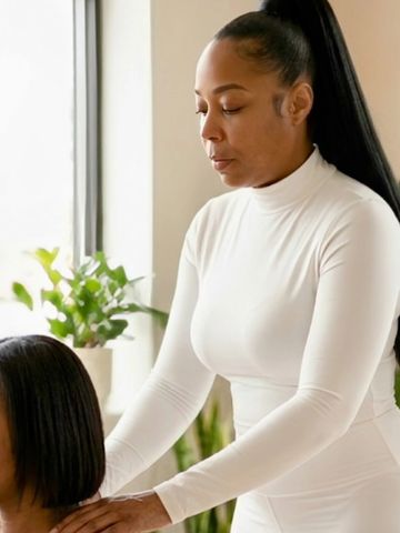 Woman in white outfit giving a shoulder massage to another woman indoors.