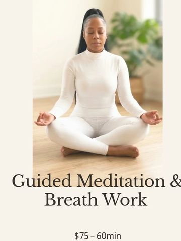 Woman meditating in white outfit promoting guided meditation and breath work session.