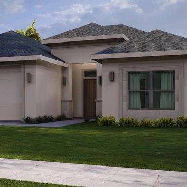 Modern single-story house with a gray roof and green lawn.