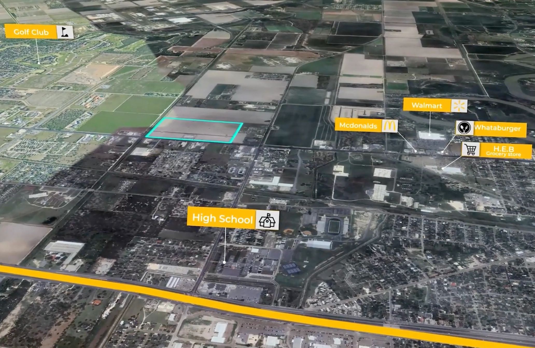 Aerial view of a town with labels for Golf Club, Walmart, McDonald's, Whataburger, H.E.B, and High School.