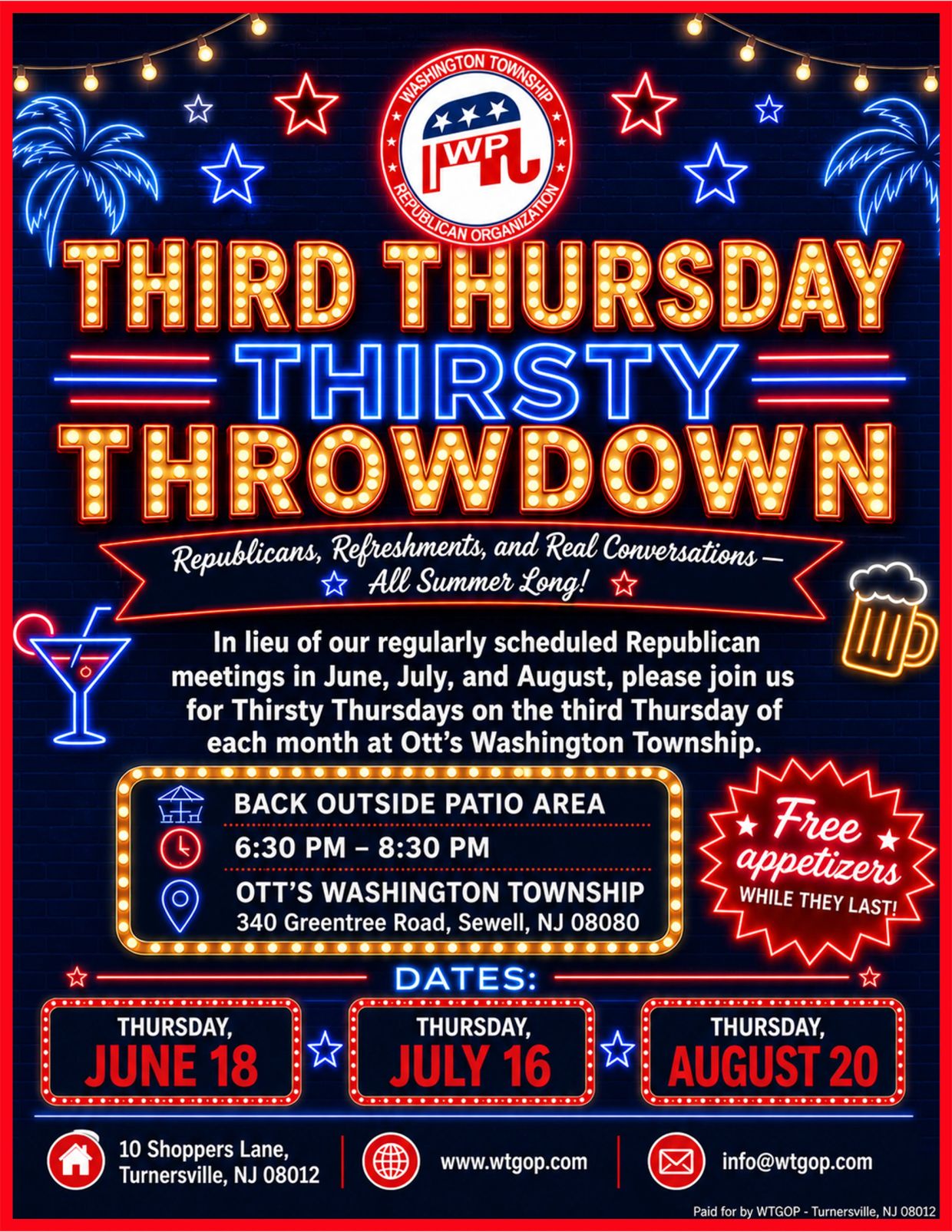 Neon-lit flyer for Third Thursday Thirsty Throwdown by Washington Township Republicans with event dates and location.