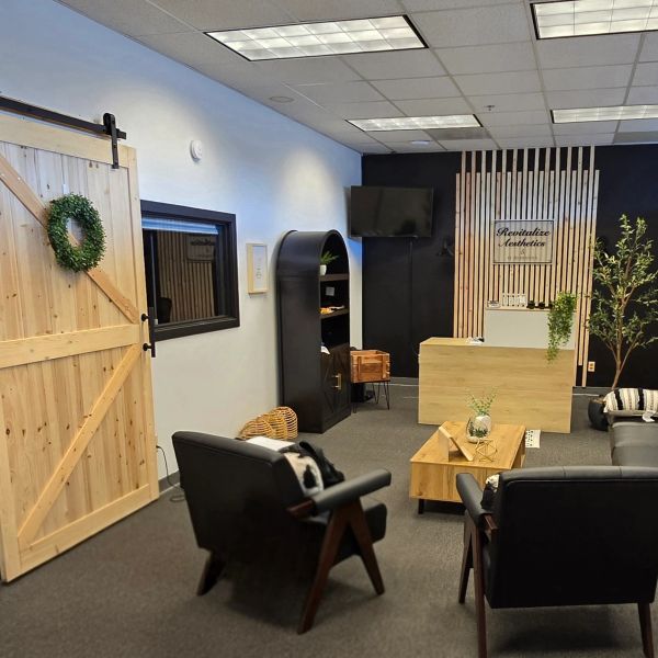 Modern waiting area with wooden accents and comfortable seating.