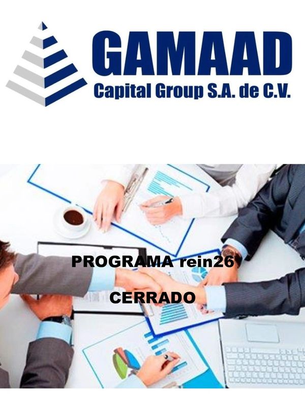 Business meeting with handshake and charts under GAMAAAD Capital Group logo, program closed.