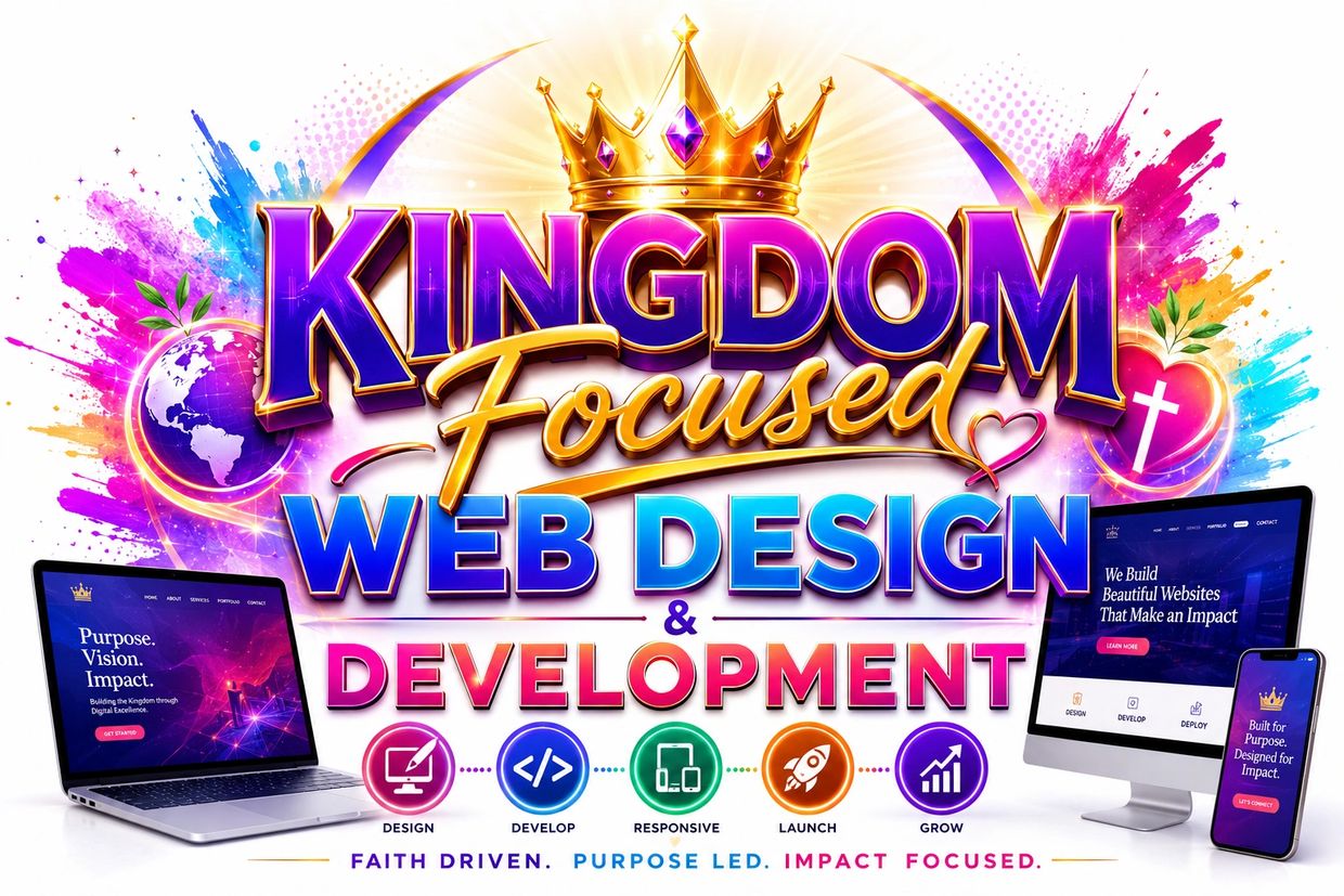 Vibrant ad for Kingdom Focused web design and development services with a crown and colorful icons.