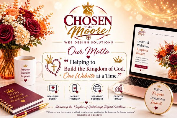 Elegant promotional image for Chosen for Moore web design solutions with a faith-based motto.