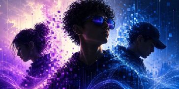 Three people with digital pixel effects and vibrant lighting.