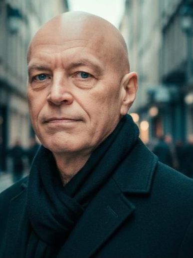 Portrait of a bald man in a dark coat and scarf on a city street.