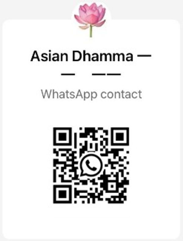 WhatsApp contact QR code for Asian Dhamma group with lotus icon.